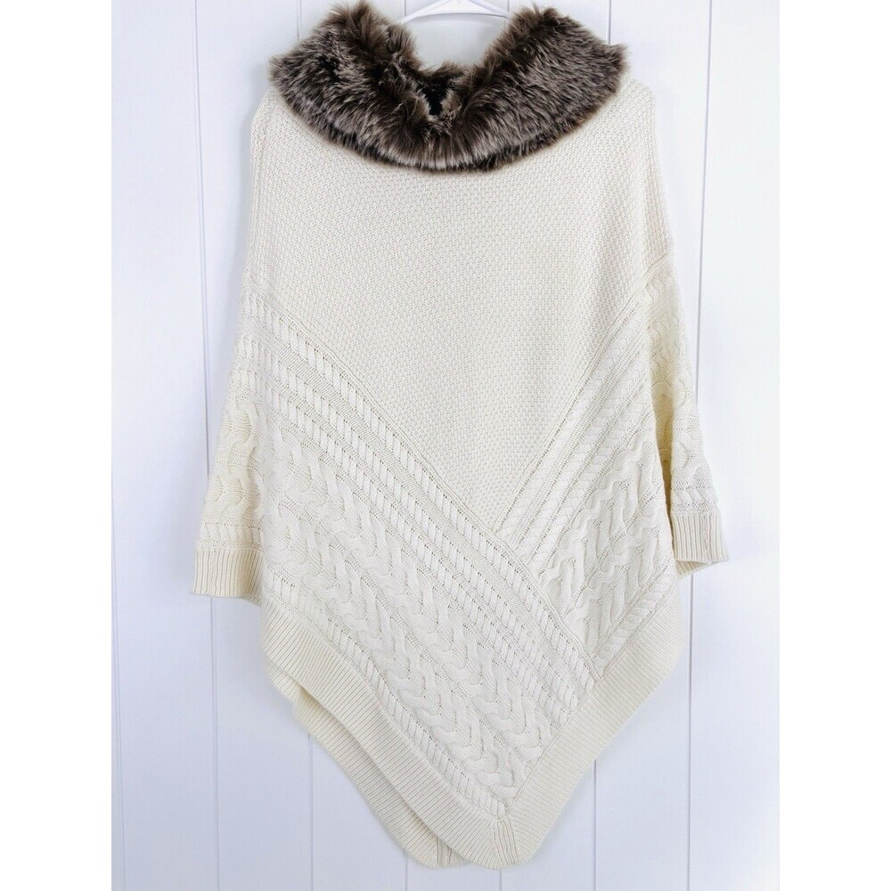 NWT *Talbots* Cream Ivory Faux Fur Collar Cable Knit Poncho Sweater XS
